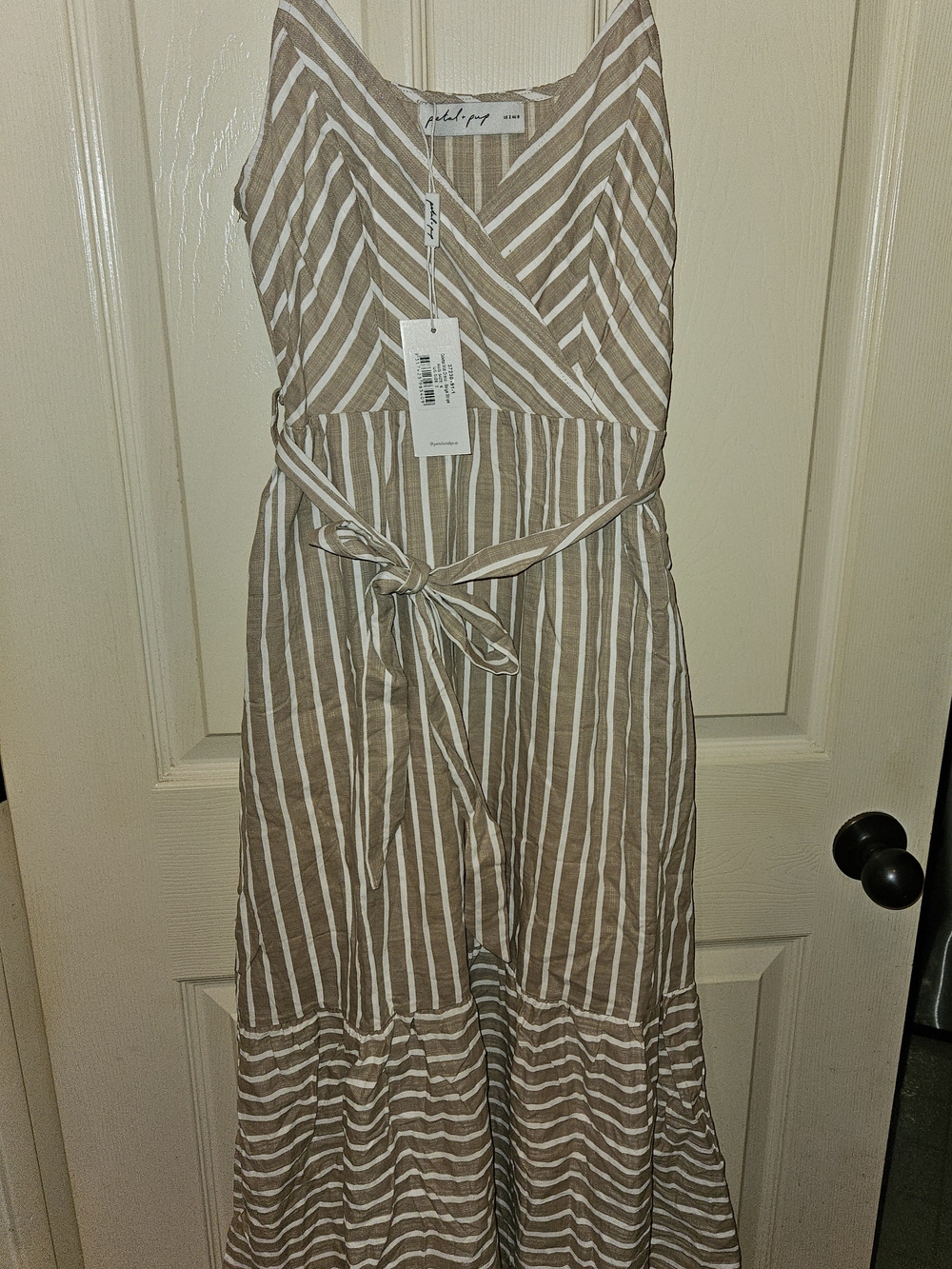 Petal & Pup Beige and White Striped Wrap Midi Dress